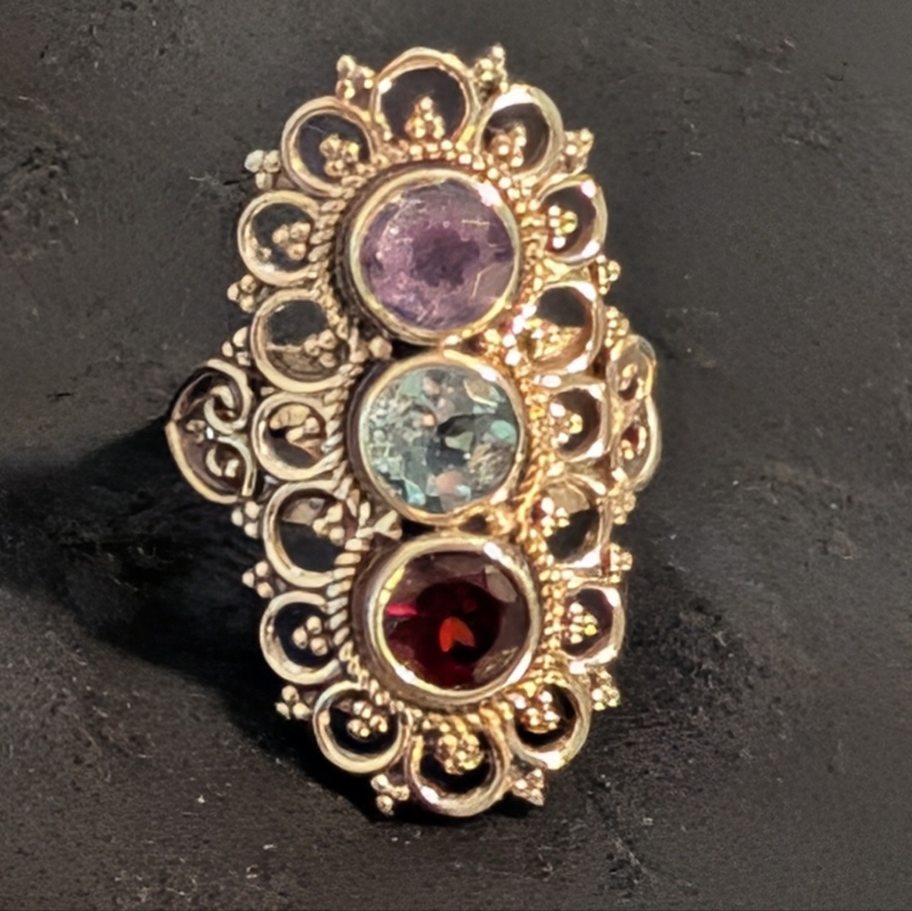 Sterling Silver Amethyst Blue Topaz Garnet Statement Ring Size 6